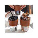 Slub Glass Smoothie Cup with Straw and Leather Cover